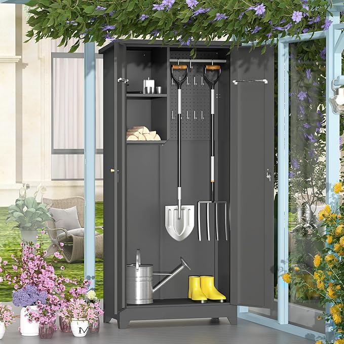 Outdoor Storage Cabinet,Garden Storage Cabinet with Sloping Roof and Waterproof Coating,Metal Storage Cabinets with Lockable Doors for Backyard,Lawn,Dark Gray