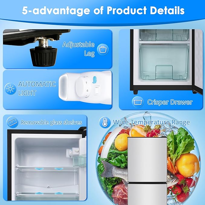 4.3 Cu. Ft. Compact Fridge with Freezer, Double Door Small Refrigerator with Adjustable 7-Level Thermostat, Mini Refrigerator for Kitchen, College, Apartment, Office, Silver