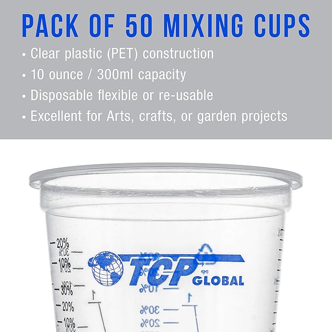 TCP Global 10 oz. (300ml) Graduated Plastic Mixing Cups - Box of 50 with 50 Mixing Sticks - Disposable Plastic Measuring Cups for Liquids, Paints, Resin, Epoxy, Art, Kitchen - Ratios 2-1, 3-1, 4-1 ML