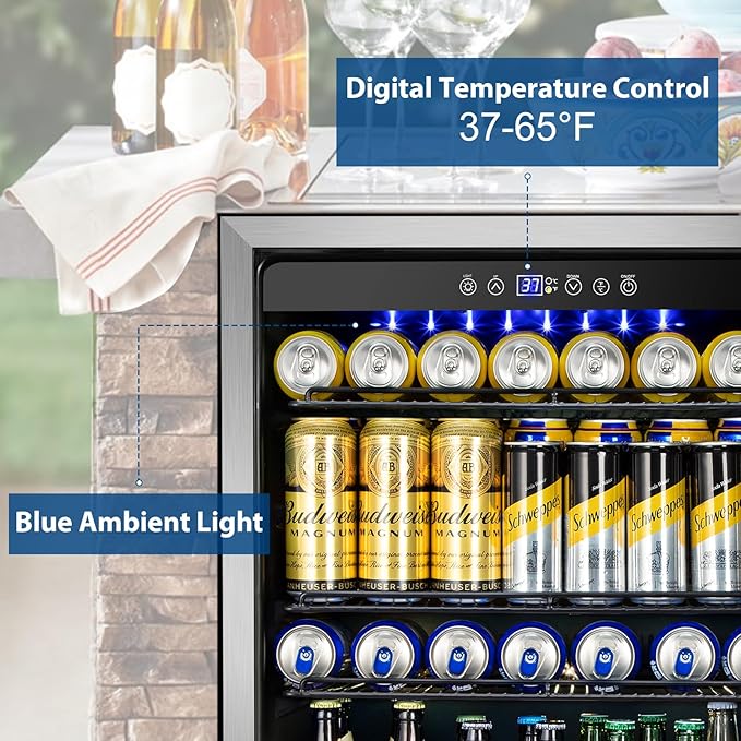 Outdoor Refrigerator 24 Inch, Undercounter Beverage Fridge with Wheels, 180 Cans Waterproof Stainless Steel Fridge for Outdoor Kitchen and Patio