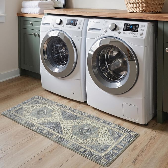 GENIMO Kitchen Mats for Floor 2PCs, Washable Anti Fatigue Mat for Cushioned, 17.3"x47"+17.3"x30", Waterproof Kitchen Rugs, Non Slip Comfort Standing Mat Rug for Home, Sink, Laundry, Vintage Blue