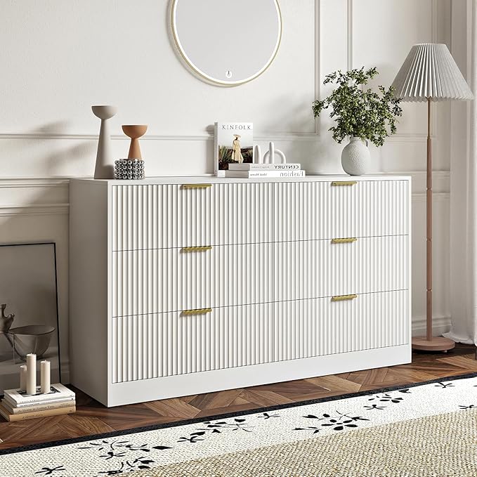 6 Drawers Fluted Dresser for Bedroom, 55" Wide Wooden Dresser with Deep Drawers, Large Floor Chest of Drawers, Modern Long TV Stand, Storage Cabinet Side Table, White
