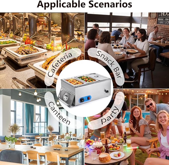 Commercial Food Warmer 1500W Stainless Steel Steam Table Food Warmer | 3 Lidded 1/3 Pans, Adjustable Temp, Built-in Faucet | for Restaurants, Catering & Buffets