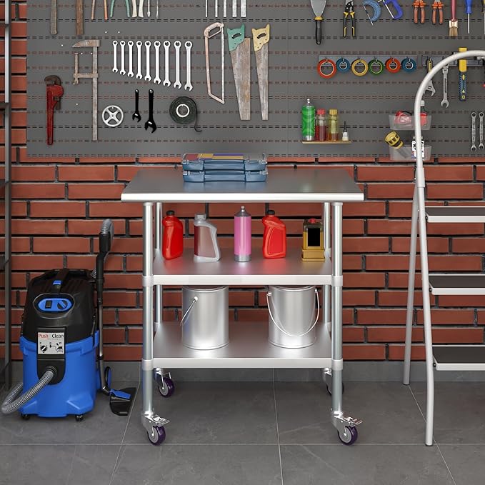 AmGood Stainless Steel Work Table with 2 Shelves and Casters | Metal Utility Table On Wheels (Stainless Steel Work Table with 2 Shelves + Casters, 36" Long x 24" Deep)