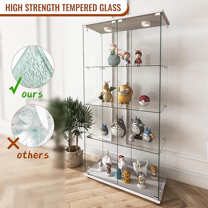 Yoluckea 4-Shelf Glass Display Cabinet with LED Lights, 2-Door Floor Standing Curio Cabinet with Universal Wheel for Home or Office, White Glass Bookshelf for Collections, Decor, and Corner Display