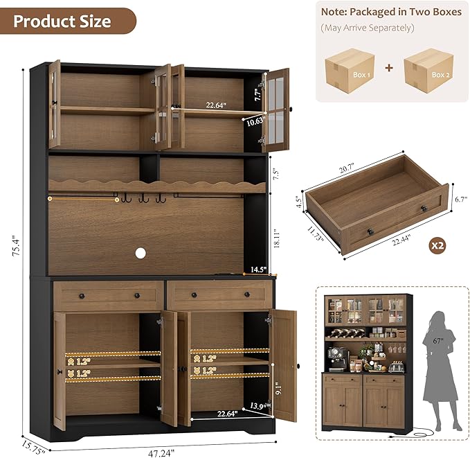 HOSTACK 75.4" Tall Kitchen Pantry Cabinet with Charging Station, Modern White Kitchen Hutch with Microwave Stand and Wine Rack, Large Food Pantry Storage Cabinet with Glass Doors and Drawers, Brown