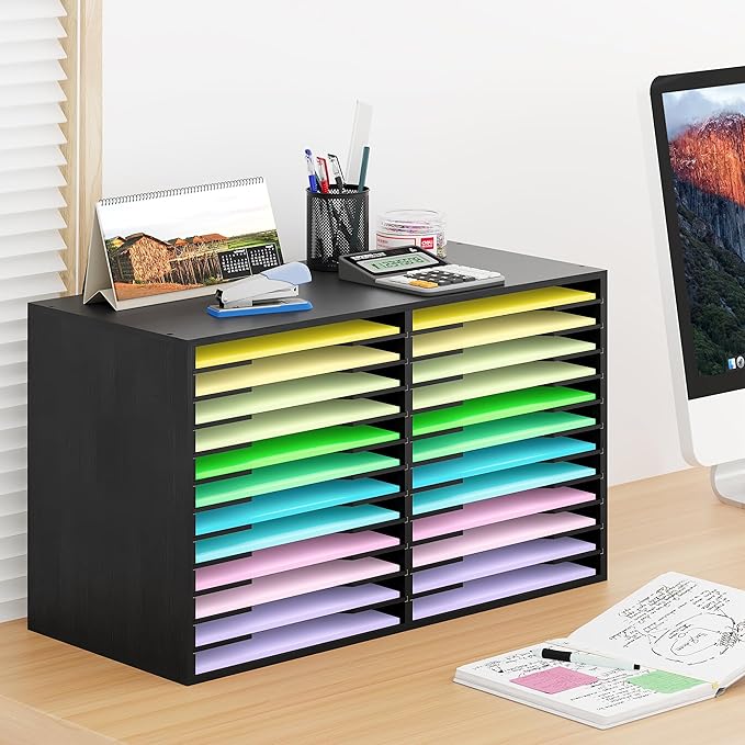EasyPAG Scrapbook Paper Storage Organizer for Craft Room, 12x12 Paper Storage Desk Shelf, 24 Slot Adjustable File Sorter for Office School Classroom, Black