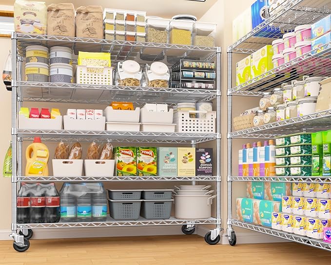 PrimeZone 5 Tier 48" Wx24''Dx81''H Wire Shelving with Wheels 3000lbs NSF Storage Shelves Heavy Duty Metal Shelf Adjustable Rolling Rack Commercial Garage Restaurant Warehouse Kitchen Chrome 8Pack