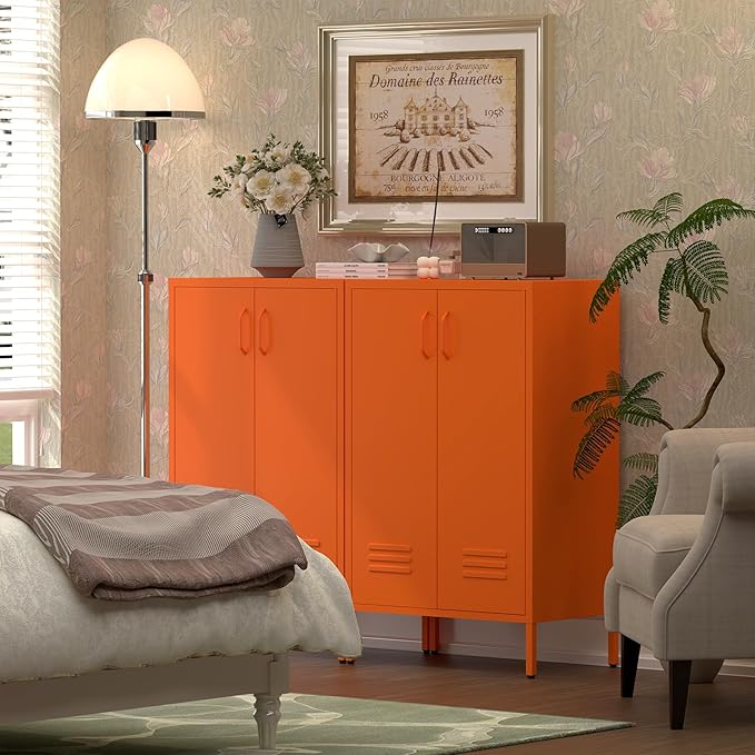 Metal Locker Cabinet,Morden Storage Cabinet with 2 Adjustable Shelves,Metal Storage Cabinets with 2 Doors for Home Office.Entryway,Orange