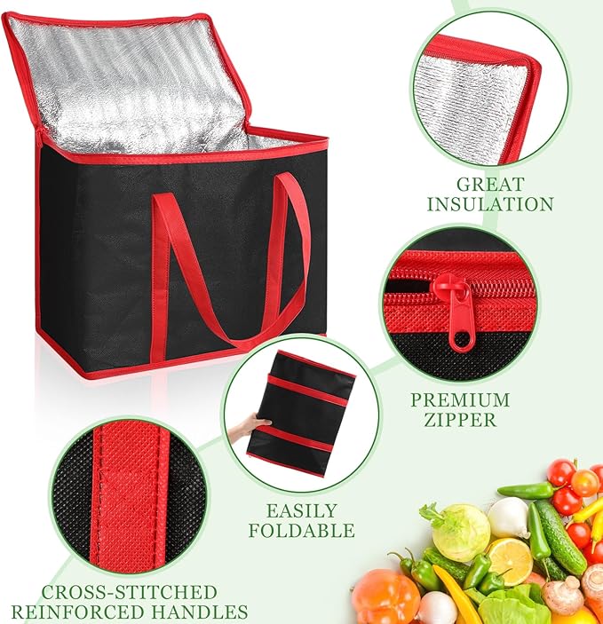 Kenning 15 Pcs Large Insulated Reusable Grocery Bags with Sturdy Zipper and Handles Foldable Washable Cooler Totes Heavy Duty Hot or Cold Food Delivery Bag for Food Transport Travel Lunch (Black Red)