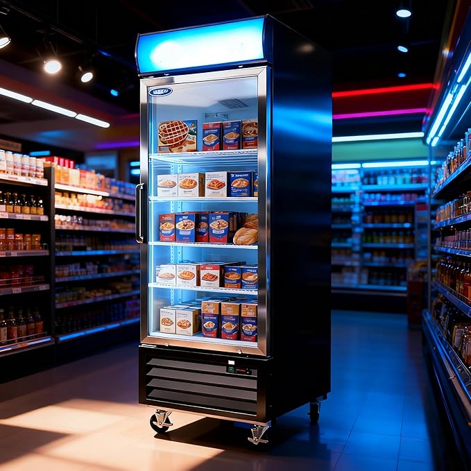 27" Commercial Upright Freezer with 1 Glass Door, 19 Cu.Ft Display Freezer, -8~-1℉, Reach-in Fan Cooling Freezer with 4 Shelves & LED Top Panel for Restaurant Diner Bar, ETL Approved