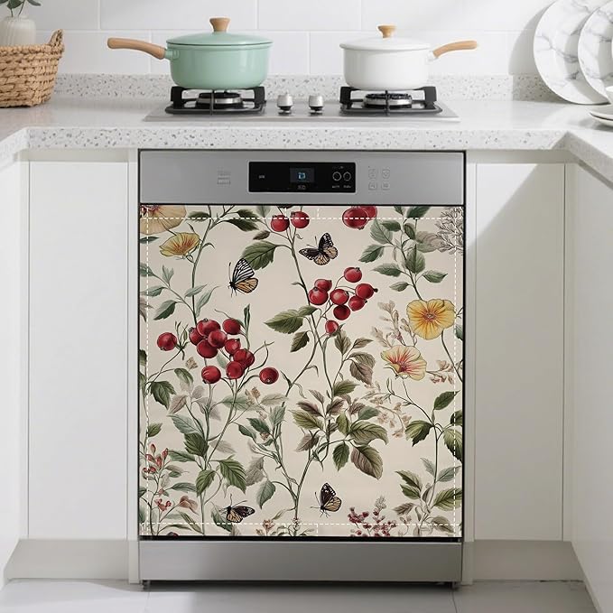 Magnetic Dishwasher Cover,Vintage Flower Reusable Dishwasher Magnetic Cover Butterfly Berry Decorative Door Covers Panel for Home Kitcen 23" x 26"