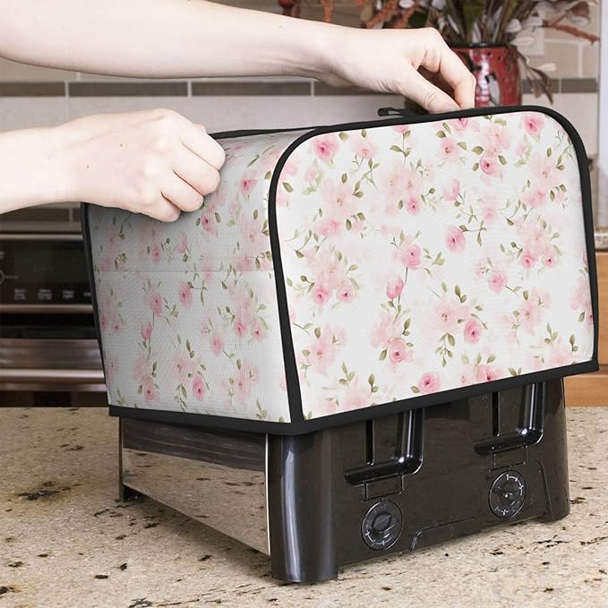4 Slice Toaster Cover for Kitchen Rose Flower Pastel Waterproof and Dustproof Oxford Fabric Toaster Dust Cover with Side Pockets Decorative Universal Cover for Wide Slot Toasters and Small Appliances