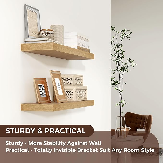 Floating Shelves for Wall 24"W x 6.7"D x 1.37"H, Engineered Wood Wall Shelves with Invisible Brackets for Living Room Bedroom Bathroom Office Kitchen Decor and Storage, Oak Finish, Set of 2