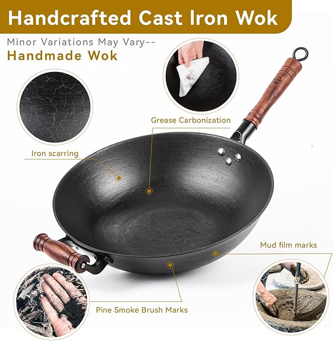 WANGYUANJI Cast Iron Wok,13.4 inch Flat Bottom Wok with Glass Lid,Suitable for All Cooktops, Uncoated Craft Pot Healthy Cooking Pot
