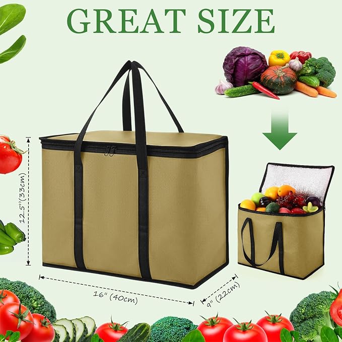 Kenning 15 Pcs Large Insulated Reusable Grocery Bags with Sturdy Zipper and Handles Foldable Washable Cooler Totes Heavy Duty Hot or Cold Food Delivery Bag for Food Transport Travel Lunch (Khaki)