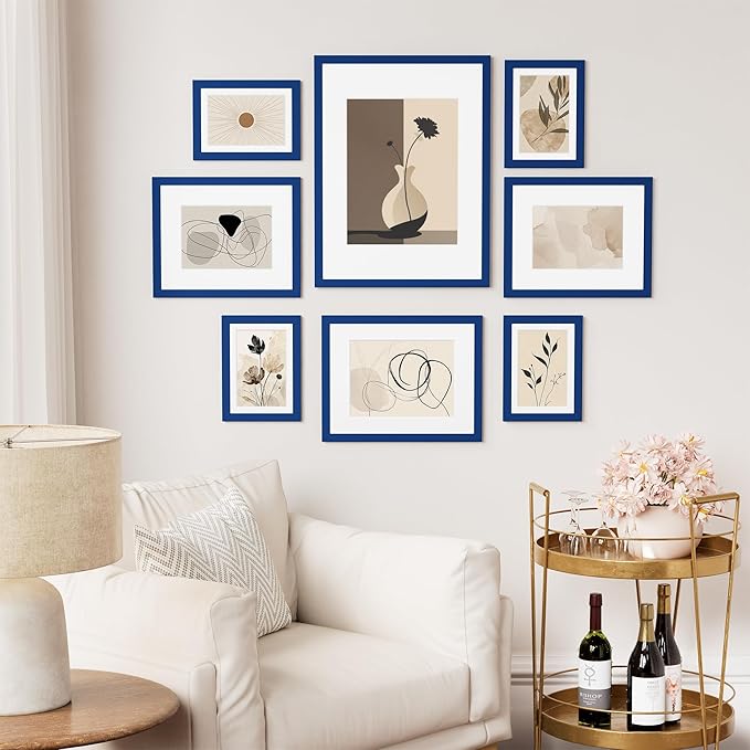 Vittanly 8x10 Picture Frame Set of 2, Solid Wood Frame for Wall or Tabletop, Display Photo 5x7 with Mat or 8x10 without Mat, Royal Blue