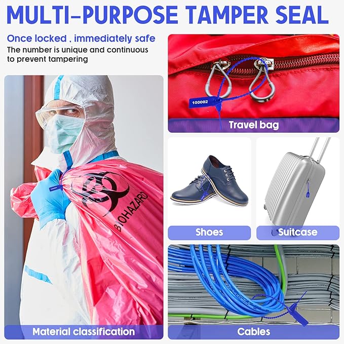 1000 Pcs Plastic Tamper Seals Fire Extinguisher Tags Security Tags Seals Safety Numbered Zip Ties Labels Safety Disposable Self Locking Signage 250 mm Length (Blue)