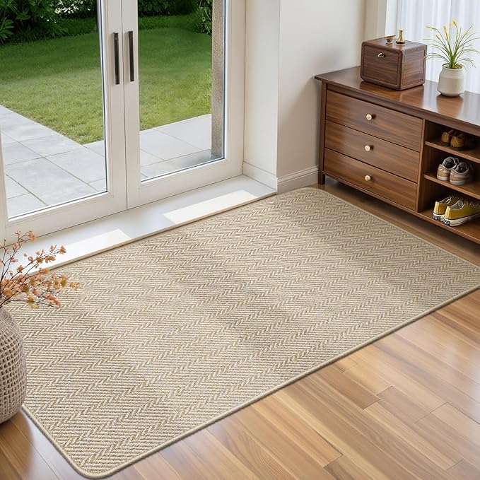Ultra Thin Door Mat Indoor Entrance 24"x47", Low-Profile Indoor Door Mat, Non Slip Entry Mat Rubber Backing Unique Herringbone Design Inside Doormat Dirt Trapper Entryway Mats, Beige