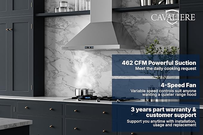 CAVALIERE Digital 462 CFM Wall Mount Range Hood 30 Inch, 3-Year Warranty, Enhanced Stainless Steel, Ducted/Ductless Range Hood Convertible (Kit Included), LED Lights, Baffle Filter, Touch Controls