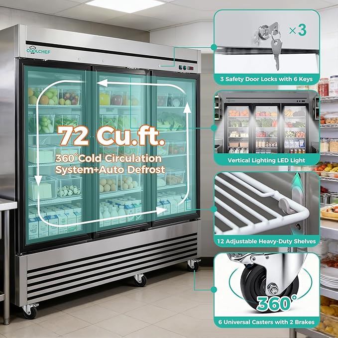 81" Commercial Glass Door Refrigerator, 72 Cu.Ft Triple-Door Reach-In Cooler, 33–40℉, Triple-Layer Low-E Glass, 12 Shelves, R290