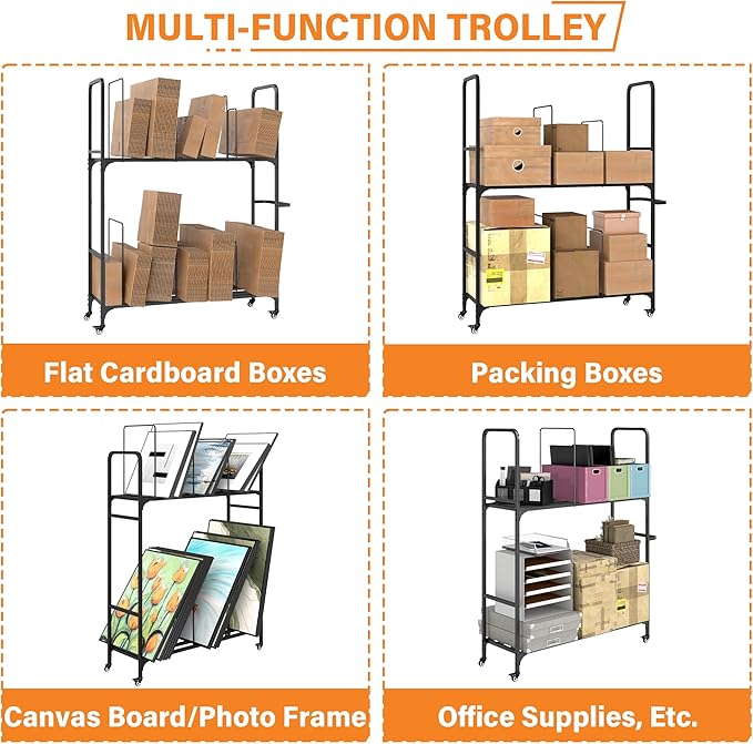 2-Tier Carton Stand, Metal Cardboard Box Organizer, Rolling Cardboard Box Stand, Heavy Duty Carton Storage Cart with Dividers, Shipping Boxes Cart with Wheels for Commercial Home Supermarket Warehouse