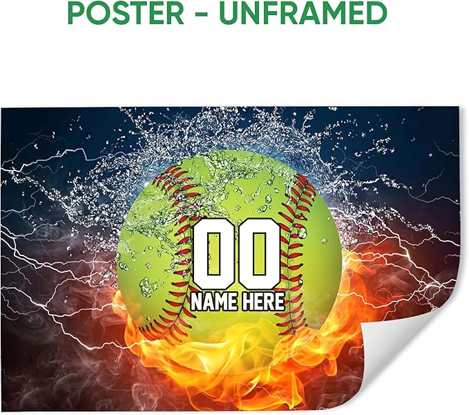 Custom Softball Fire Ball & Water Sport Gift For Girl, Daughter Personalized Name Number Poster & Framed Canvas, Wall Art Home Office Decoration Living Room Bedroom Aesthetic Decor