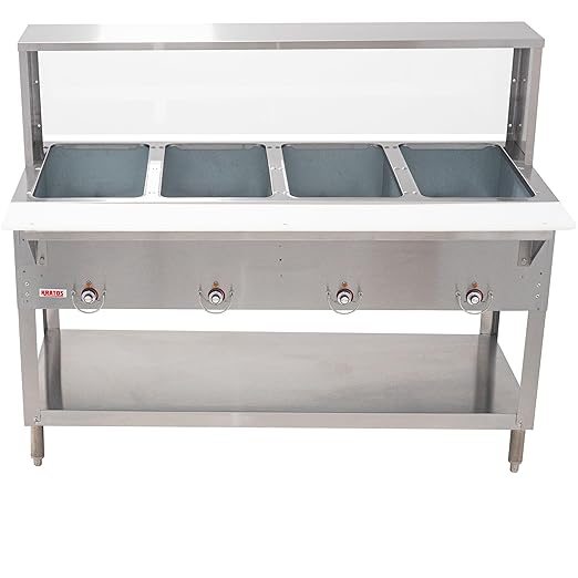 Kratos Commercial Electric Steam Table/Hot Food Table with Overshelf and Sneeze Guard, 4 Wells, Stainless Steel, Stationary, NSF, 120V (28W-193)