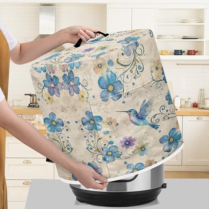 Xoenoiee Blue Hummingbird Floral Print Pressure Cooker Cover for Instant Pot, Kitchen Appliance Dust Cover with Pockets for Rice Cooker Air Fryer Slow Cooker, for 3 Qt Pot