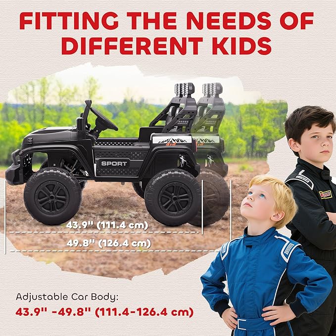 Qaba 24V 2-Seater Kids Ride on Truck Car, 44-50" L Adjustable 4WD Electric Car, 5 MPH Max Speed, Remote Control, Spring Suspension, Storage and LED Lights for Kids Ages 37-95 Months, Black