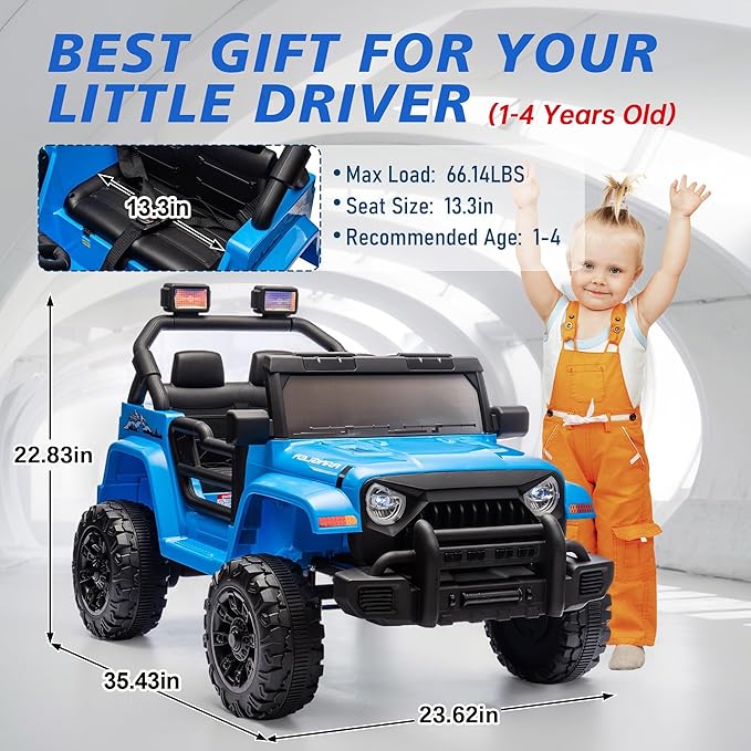 Kid's Ride on Truck Car, 12V Electric Car W/Parents Control, Ride on Toys for Toddlers with Music, Bluetooth, Four-Wheels Suspension, USB, Headlights, Blue