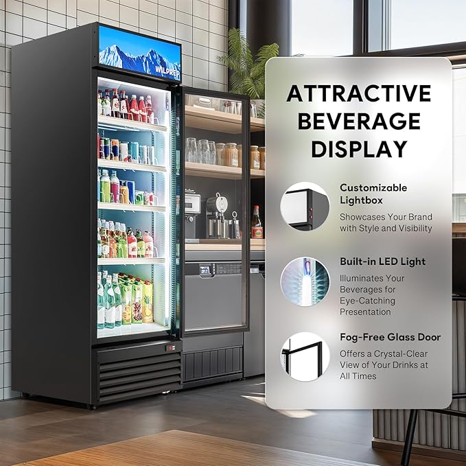 Wilprep Commercial Refrigerator, 22.4 cu. ft. Upright Beverage Display Refrigerator with LED Lighting, 27.6" Glass Door Merchandiser Cooler, ETL, ETL sanitation Listed