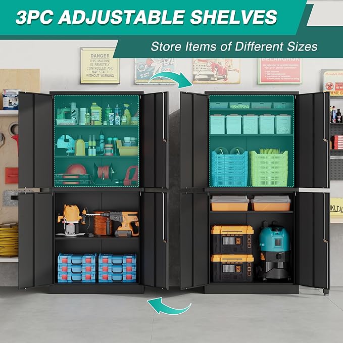 Metal Storage Cabinet with 3 Adjustable Shelves,Garage Storage Cabinet with Lock,Black Metal Cabinet with Locking Doors,Steel Cabinets 4 Doors,71" Lockable Storage Cabinets for Garage,Home,Office
