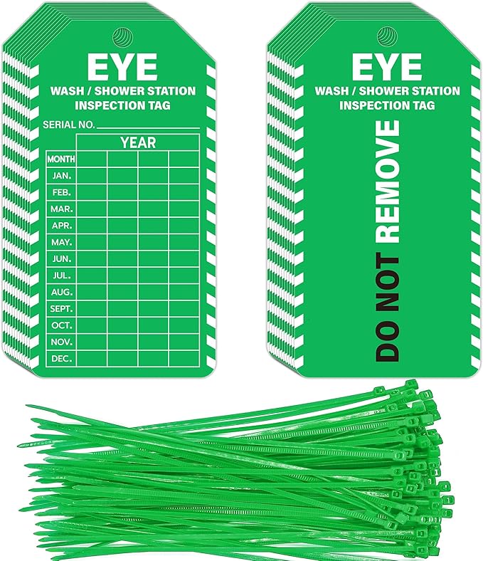 90Sets Eye Wash Station Inspection Tags with Adjustable Wire Ties Yearly Monthly Test Record Labels for Emergency Shower Safety Register 5.51 X 3 Inch