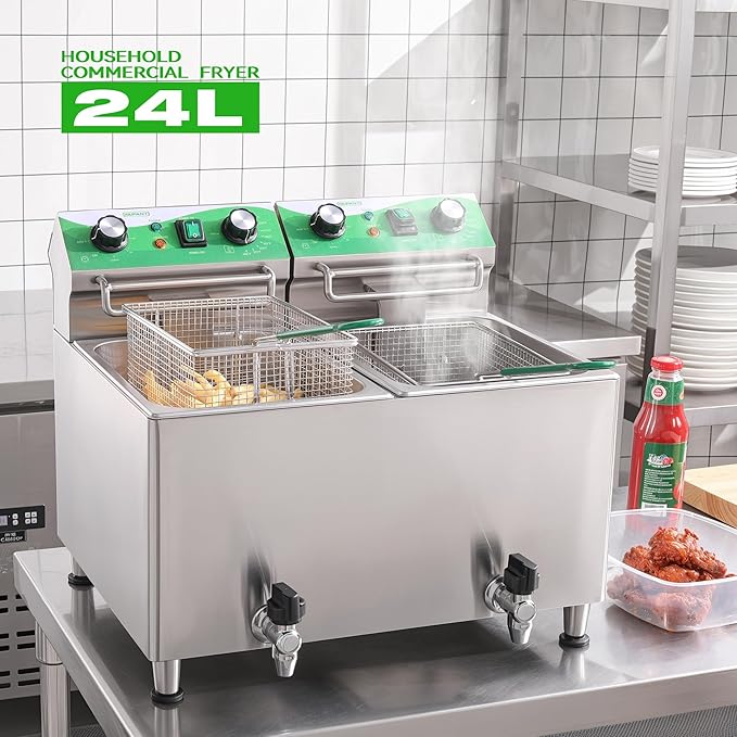 25.3QT/24L Commercial Deep Fryer with Oil Filtration and Timer Electric Deep Fryer with 2 Baskets and Lids Dual Tank Stainless Steel Large Countertop Fryer for Restaurant Use,110V 1750W x 2