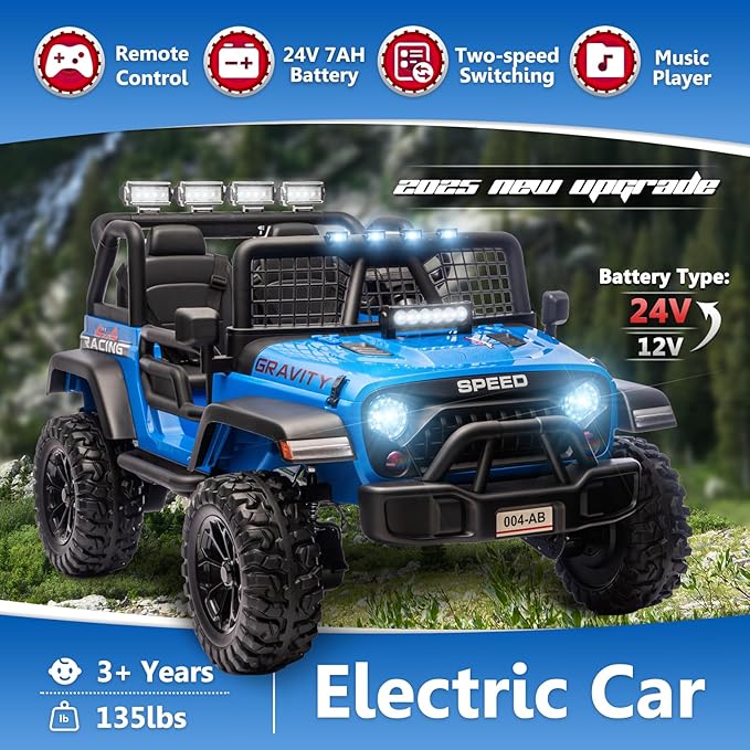 Sopbost 24V 7Ah 2 Seater Ride On Truck Ride On Toy for Big Kids Ride On Car with Remote Control Off-Road Electric Car with Shock Absorber, LED Lights, Bluetooth Music Player, EVA Tires, Blue