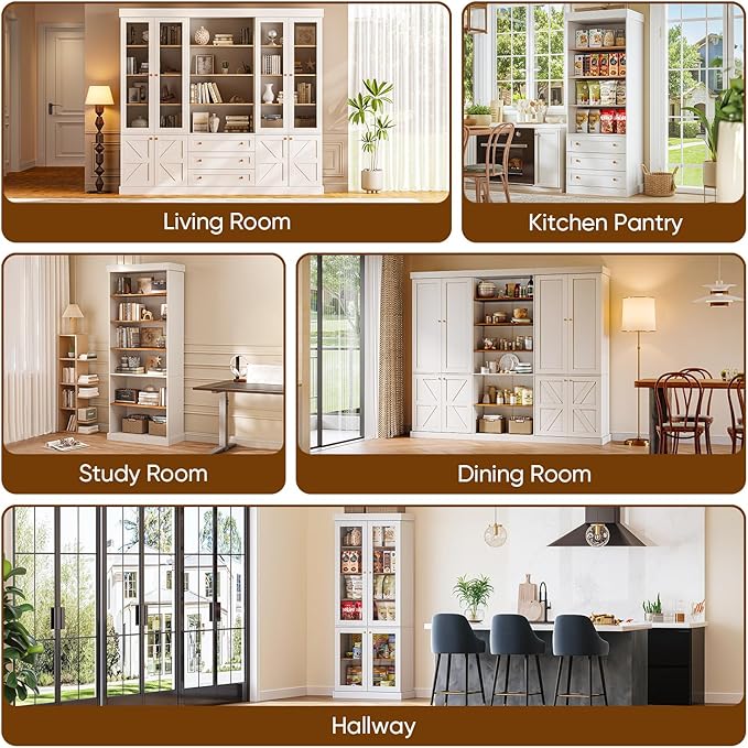 70.8" Tall Farmhouse Kitchen Pantry Cabinet with Doors, Modular Storage Cabinet with 4-Tier Adjustable Shelves, White, Wooden Hutch for Kitchen, Living Room, Set of 4