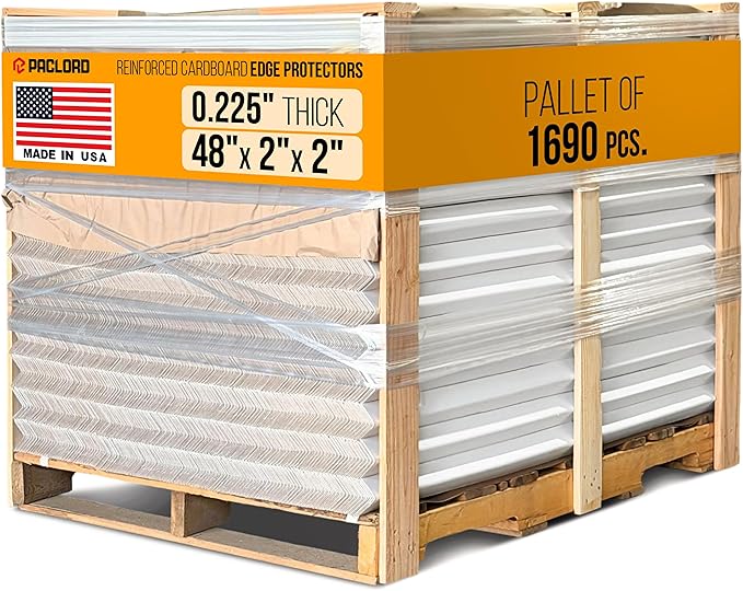 48" x 2" x 2" Reinforced Cardboard Edge Protectors, White (Pallet of 1690) – 0.225" Thick Extra Heavy-Duty Cardboard Corner Protectors – American Quality V-Board Pallet Edge Guard