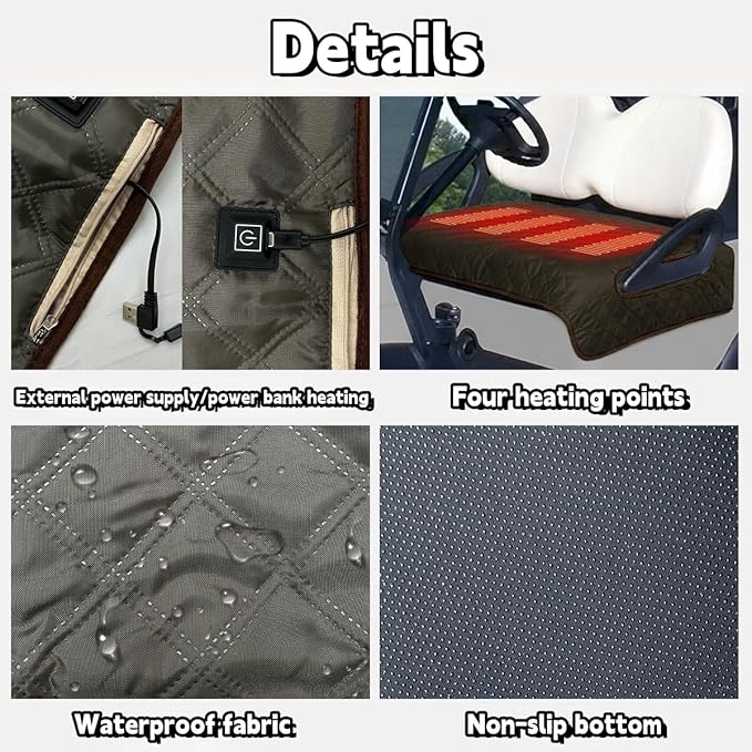 Golf cart Heated seat Cover, Non-Slip and Waterproof Winter Golf cart seat Cushion, Three Temperature Settings, Four-Zone Heating, External Power Supply/Power Bank Heating Options (Cyan)