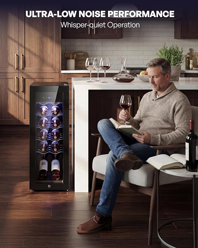 12 Bottle Compressor Wine Cooler Refrigerator, Freestanding Wine Cellar with Glass Door & Safety Lock, Wine Fridge with 37°F-64°F Digital Temperature Control for Red, White, Champagne, Black