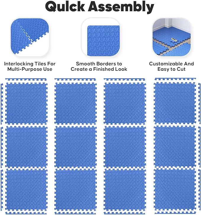 Home Gym Mat, Puzzle Exercise Mat, EVA Interlocking Foam Floor Tiles for Home Workout Equipment and Kids' Play Areas - Blue, 24 in x 24 in x ½ in - 12 Tiles (Blue, 12 Pack 48 sq ft)