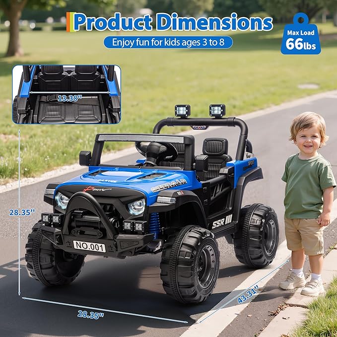 12V Kids Ride on Car, Electric Ride on Truck w/Parent Remote, Spring Suspension, Bluetooth Music, LED Light, 4.1Mph Max Speed, 3 Speeds, Battery Powered Vehicles for Kids Toddler Age 3-8, Blue