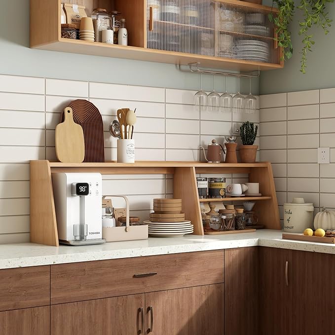 YESWOOD 100% Solid Rubberwood Kitchen Counter Hutch Shelf, Fully Assembled Countertop Organizer Storage Rack, Buffet Hutch Shelf with Trapezoid Structure for Kitchen & Dining Room (Natural, 57.5'')