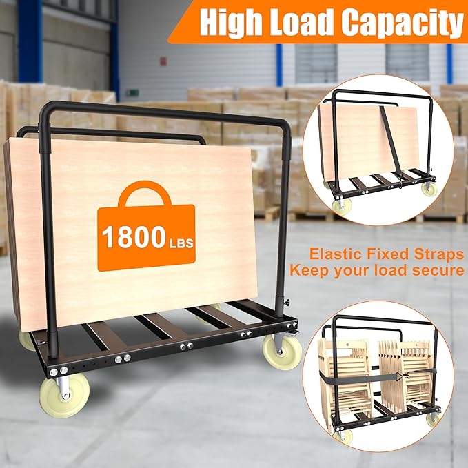Utility Folding Table Cart, Heavy Duty Table Dolly with Swivel Wheels, Black Panel Cart for Drywall, Lumber, Mattress, Warehouse, Party Events, Grage, Home, Hotel