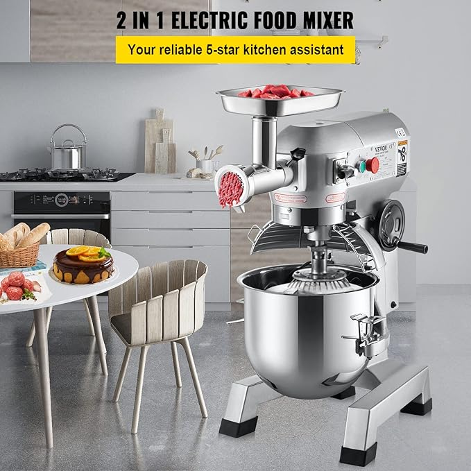 VEVOR Commercial Stand Mixer, 20Qt Stainless Steel Bowl, 1100W 2 in 1 Multifunctional Electric Food Mixer with Meat Grinder & 3 Speeds, Dough Hook Whisk Beater Included, Perfect for Bakery Pizzeria