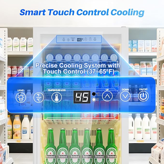 Commercial Display Beverage Fridge: 13.8 Cu Ft Upright Cooler with Glass Door, LED Lighting, Low Noise, and Rapid Cooling for Restaurants, Shops, and Offices (White)