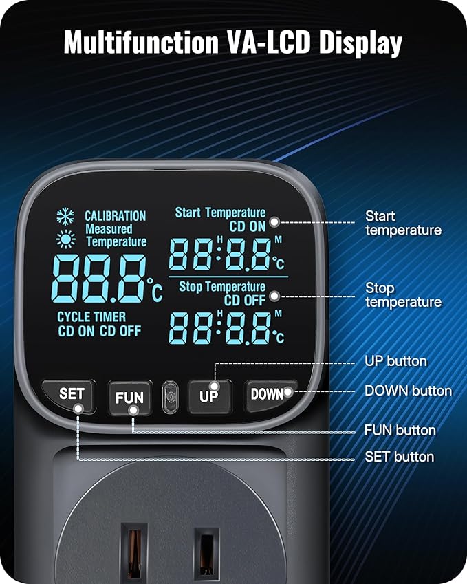 Digital Temperature Controller Outlet, 15A/1800W Heavy Duty Thermostat Plug, VA LCD Display, Heating/Cooling Control, -40°F~210°F, 4 Timer Modes, for Greenhouse Incubator Homebrew B01TC06
