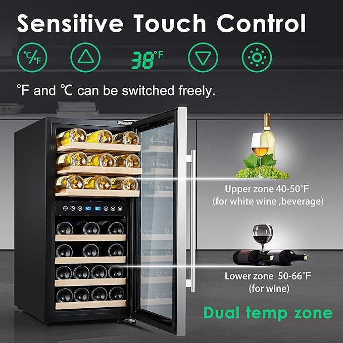 Phiestina Wine Cooler Refrigerator 16 inch Freestanding Wine Refrigerator 33 Bottles Dual Zones Mini Wine Fridge Auto Defrost with Temperature Memory Glass Door 7 Removable Shelves Quiet