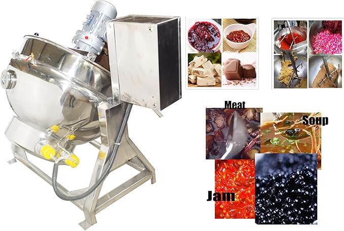 26Gal Commercial Jacketed Kettle with Stirrer Stainless Steel Tilting Stirring Jacketed Kettle for Food Processing Electric Heating 220V 60HZ 3-Phase 1.1KW