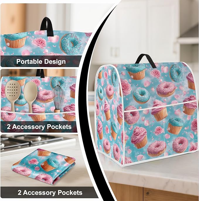 Stand mixer cover with handle and storage bag, reusable and washable, stylish retro floral design, keeps kitchen countertops clean and tidy (fits 6-8 quart mixers).